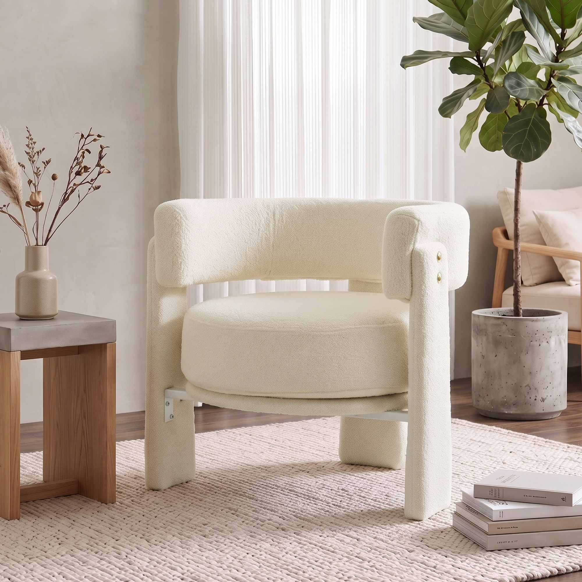 Sherpa Accent Chair with Lumbar Pillow Thick Cushion Cream White